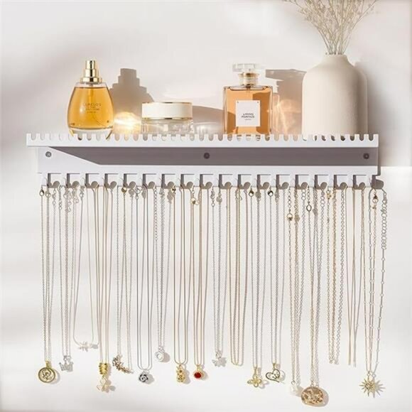 Wall mounted jewelry organizer necklace holder with hooks and tray for earrings - Picture 7 of 7